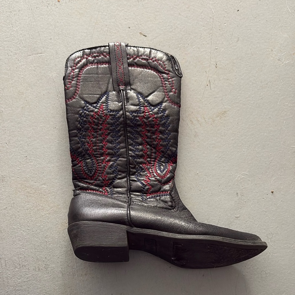 Black Cowboy Boots with Red and Blue Stitching